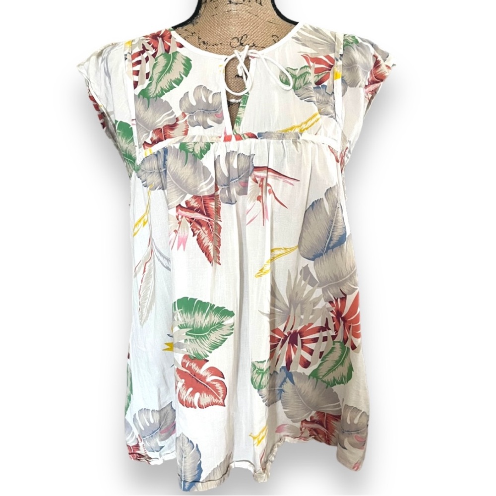LEVI'S White Floral Print Short Cap Sleeves Loose Fit Boho Top Large |‎ EUC